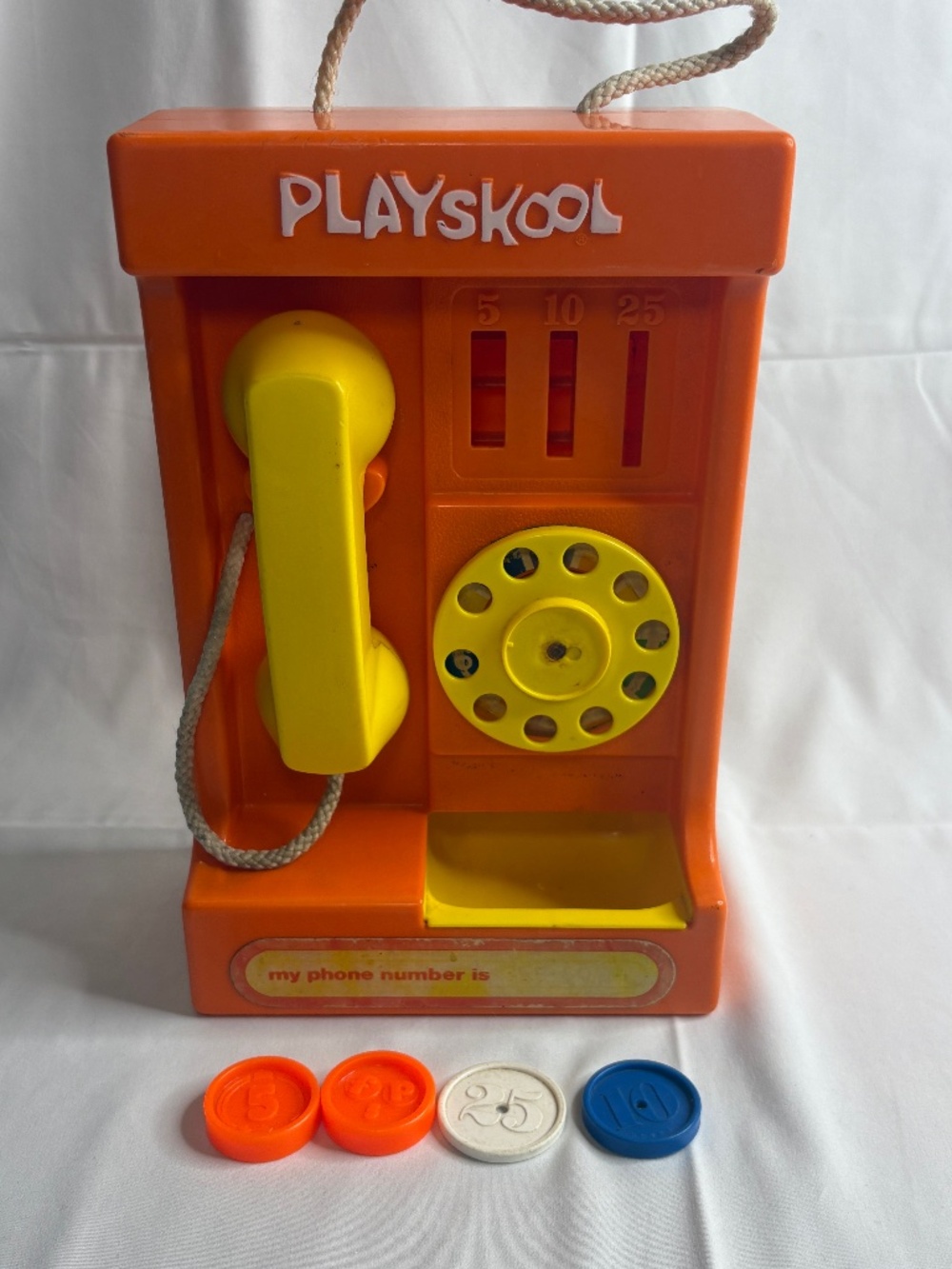 Vintage 1970's  PLAYSKOOL rotary dial WALL PAY PHONE w/ 4 coins Toys Set